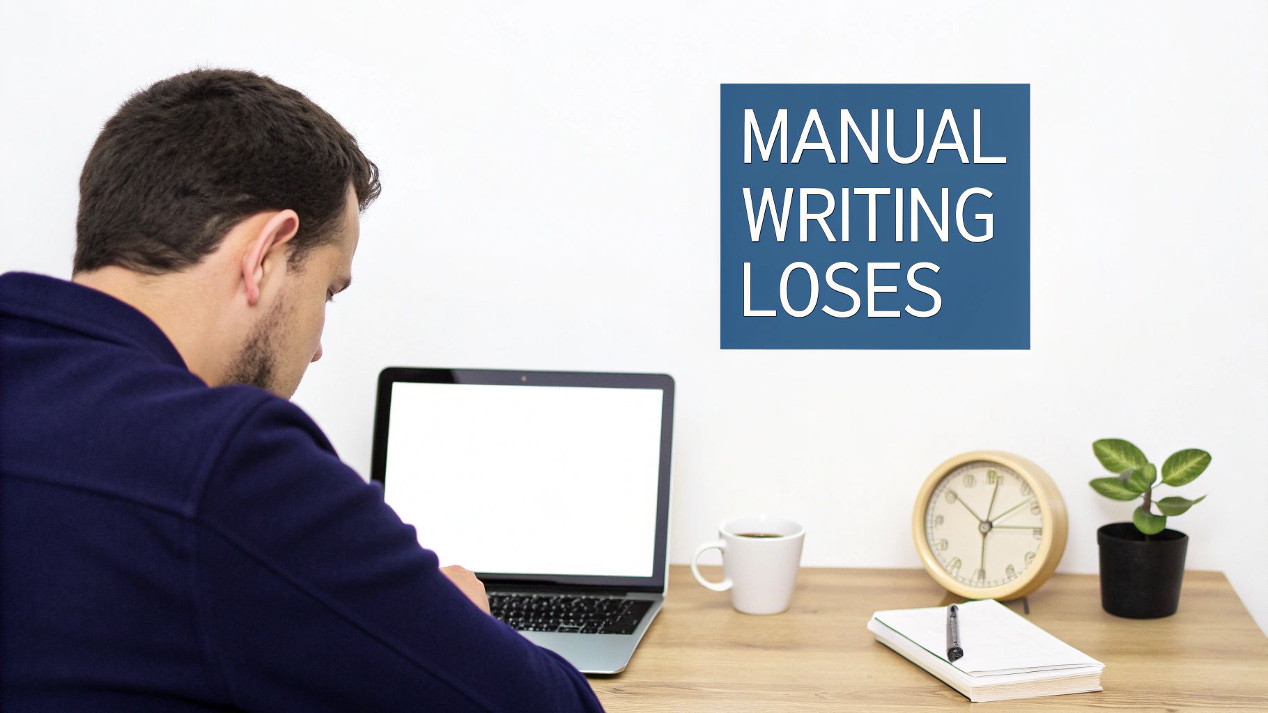 Man working on laptop at a desk with a sign displaying 'MANUAL WRITING LOSES' on the wall.