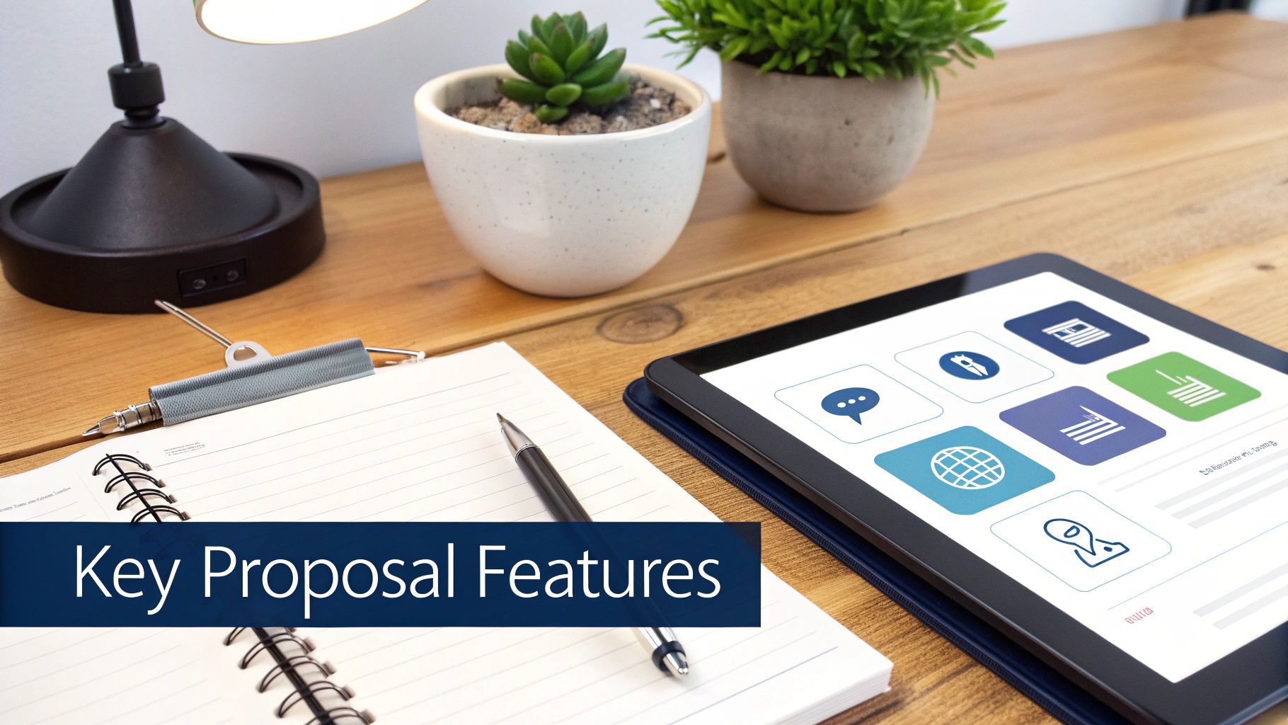 A desk setup featuring a tablet displaying software icons and an open notebook with 'Key Proposal Features' text.