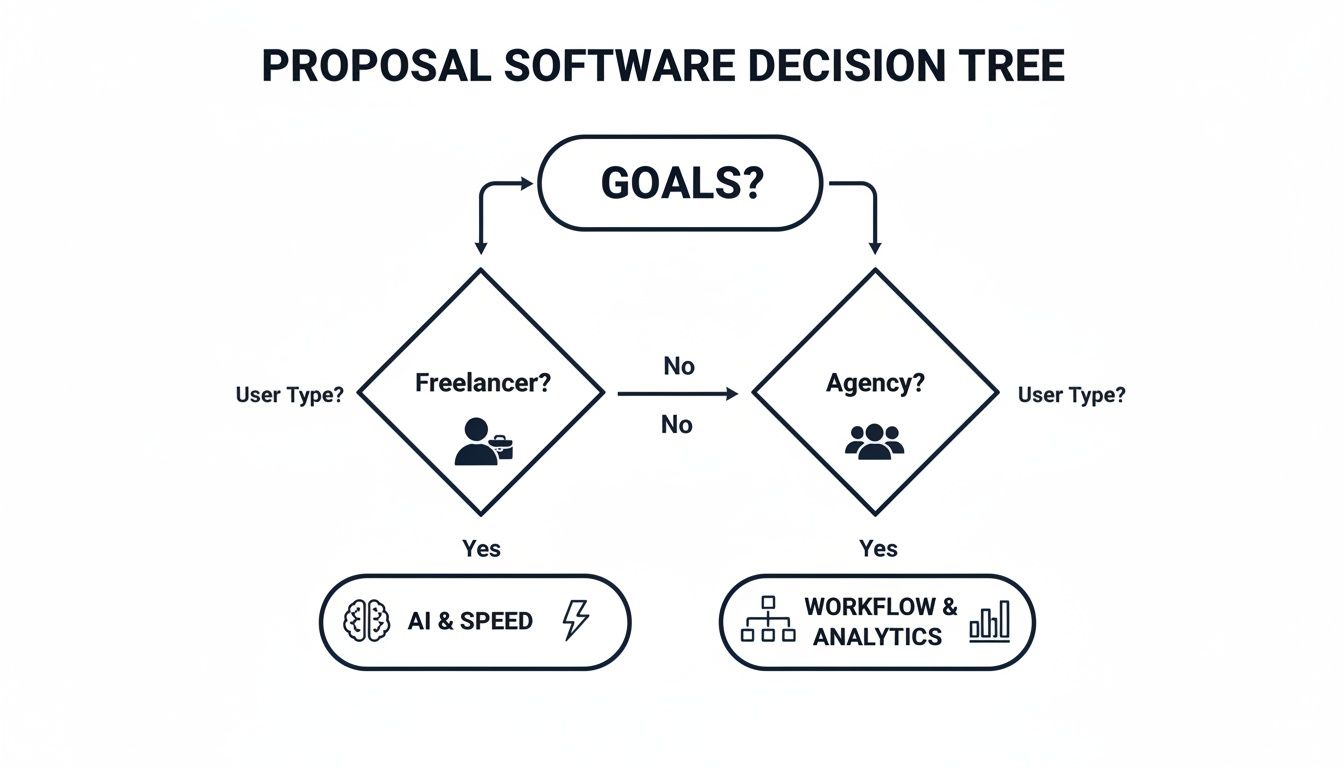 A flowchart for proposal software decision, guiding users based on goals and user type (freelancer vs agency).