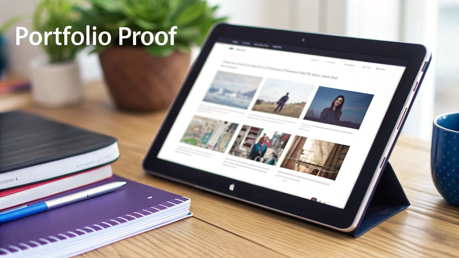 A tablet displaying a digital portfolio website on a wooden desk with notebooks, a pen, and a plant.