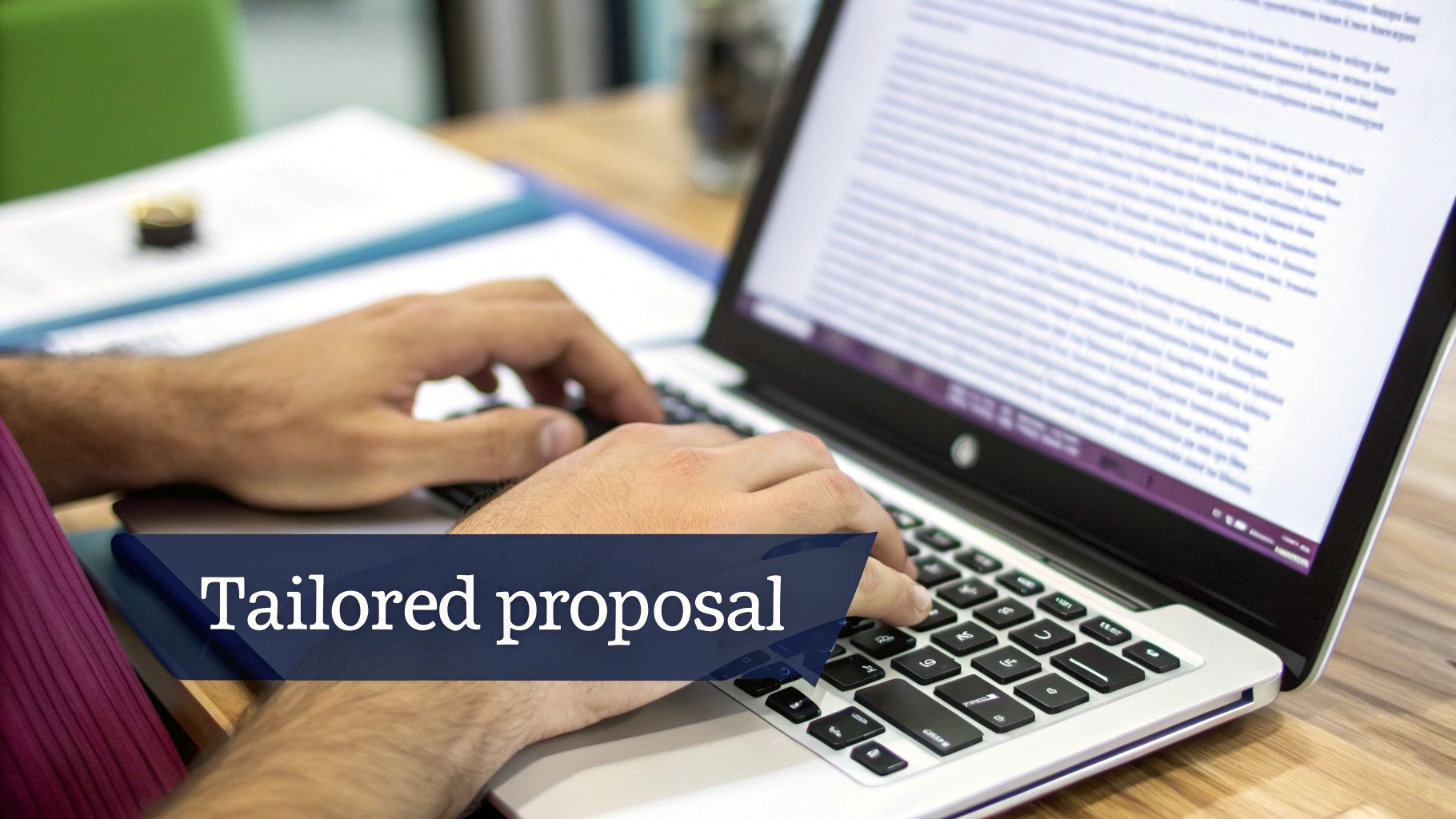 Close-up of hands typing on a laptop, creating a document with a 'Tailored proposal' overlay.