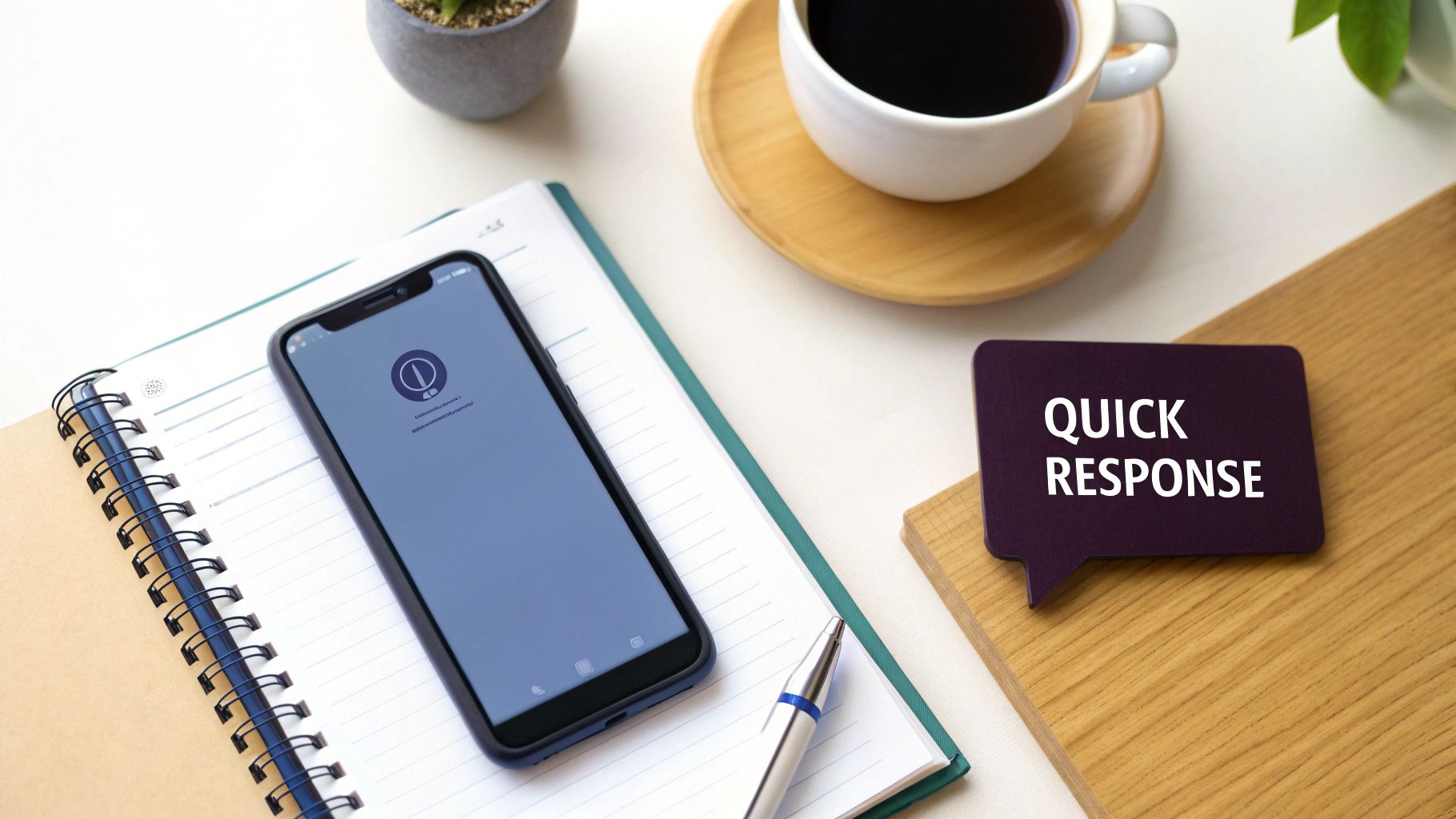 Overhead shot of a workspace with a phone, notebook, coffee, and a 'Quick Response' sign.