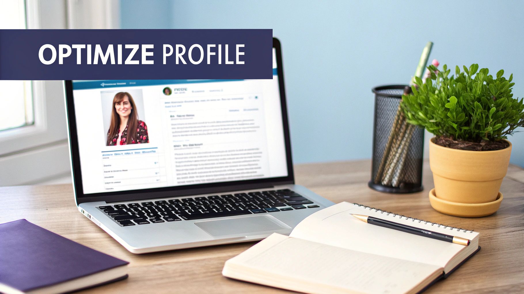 A laptop displays a profile page for a woman, with a banner stating 'OPTIMIZE PROFILE'. A desk setup with notebooks and a plant.