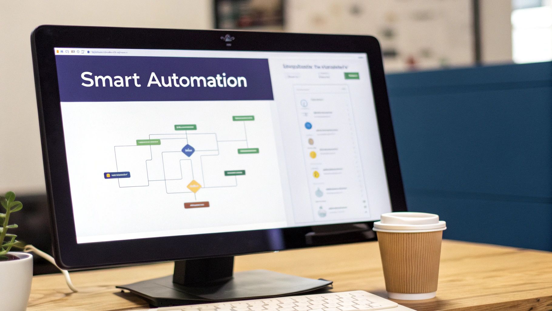 A computer monitor displays a 'Smart Automation' presentation with a flowchart, next to a coffee cup and a plant.