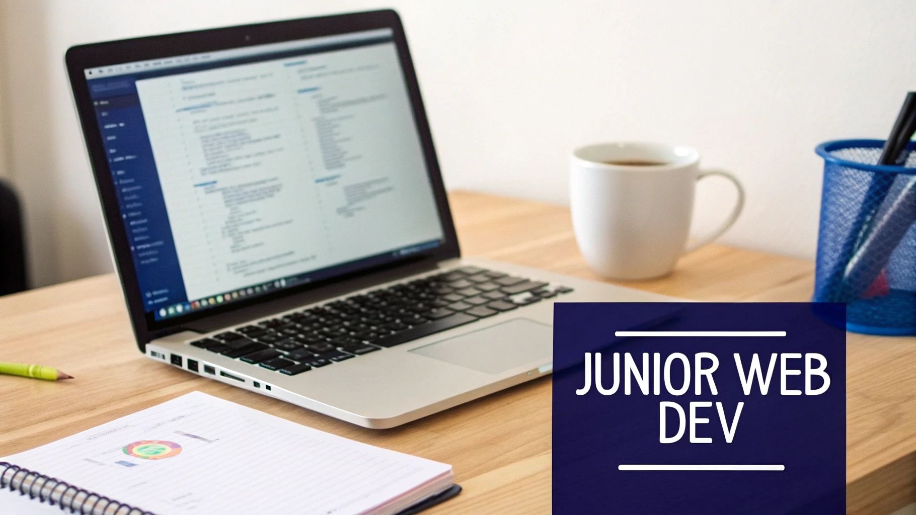 A desk with a laptop displaying code, a coffee cup, and a notebook, with 'Junior Web Dev' overlay.