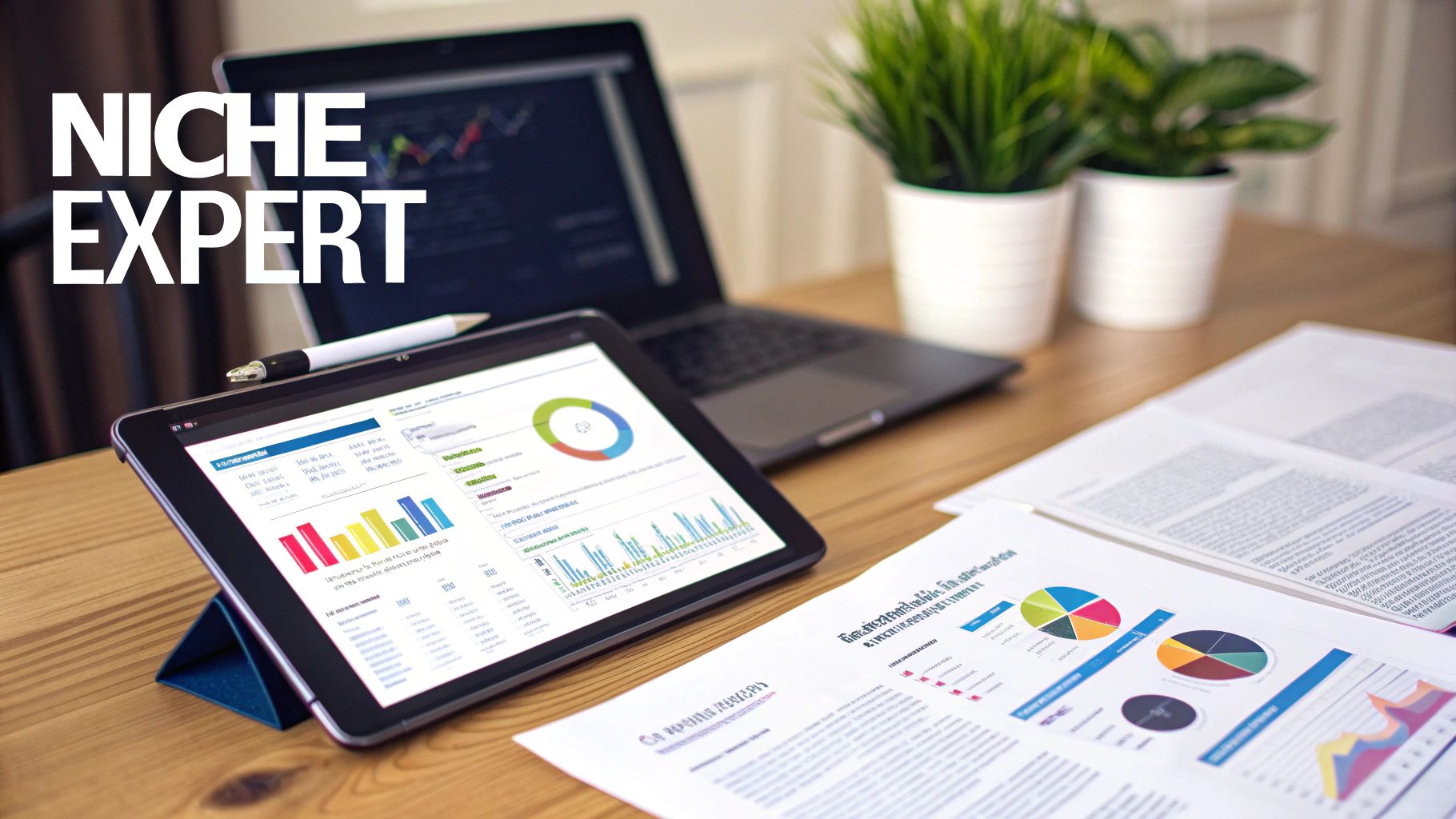 A desk with a laptop, tablet displaying business charts, and documents for data analysis, emphasizing a niche expert.
