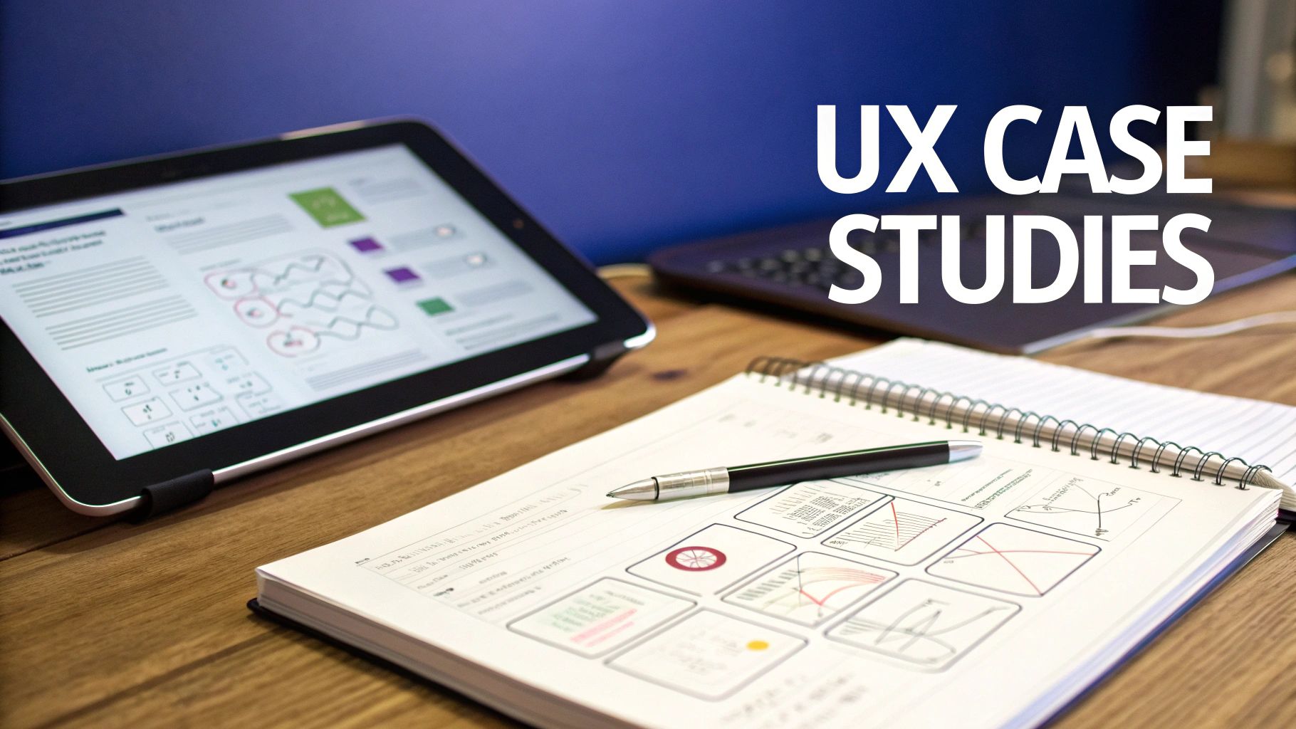 A professional workspace with a tablet displaying UX designs, a notebook, pen, and a laptop.