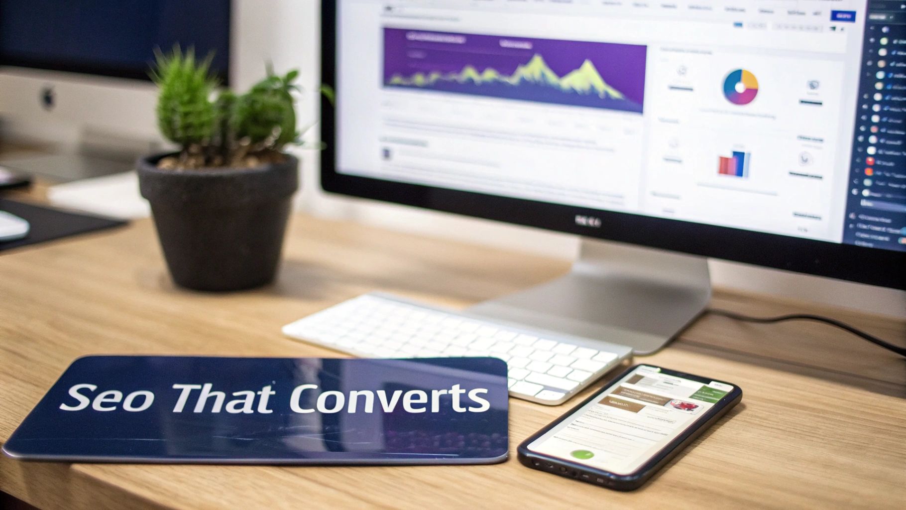 A modern desk setup featuring a computer displaying SEO analytics, a keyboard, smartphone, plant, and 'Seo That Converts' sign.