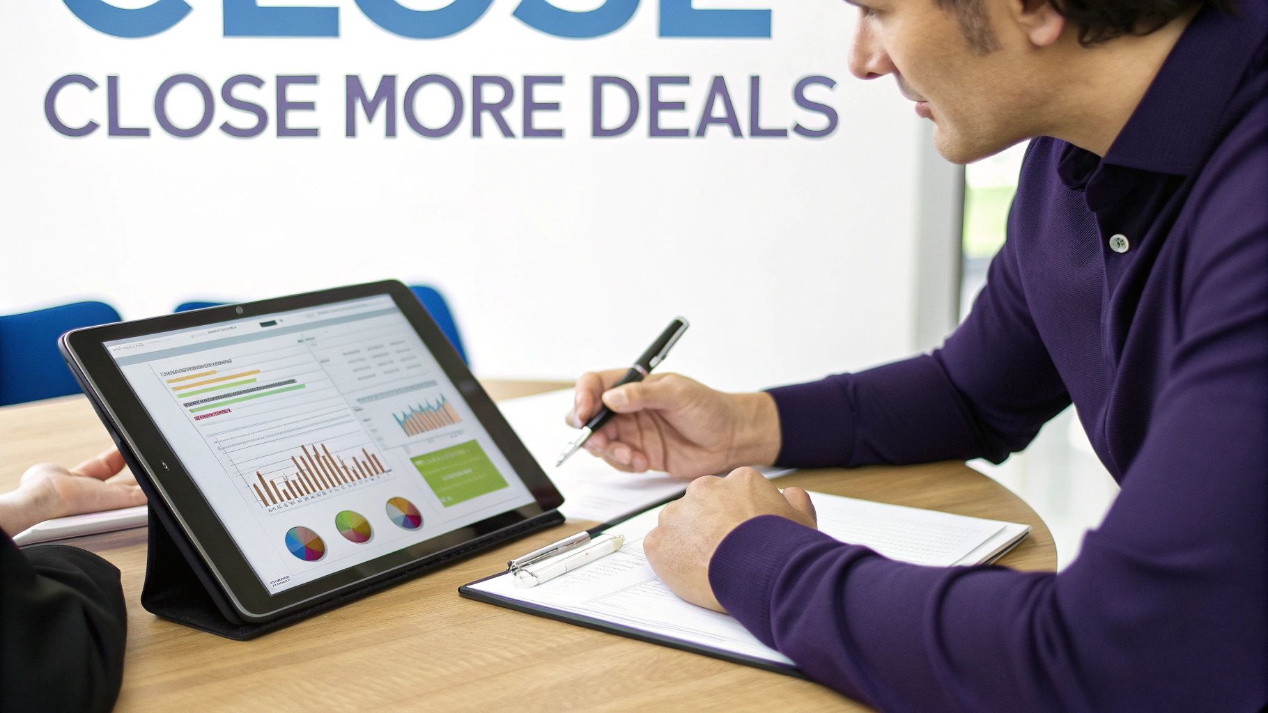 A man analyzes business data on a tablet and writes notes during a meeting to close more deals.