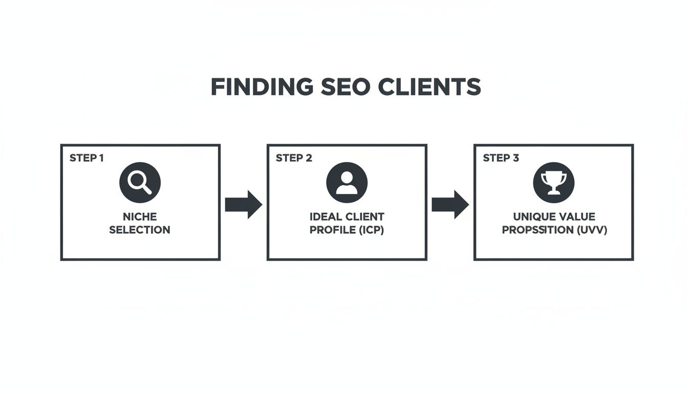 A three-step diagram titled 'Finding SEO Clients': Niche Selection, Ideal Client Profile (ICP), and Unique Value Proposition (UVV).