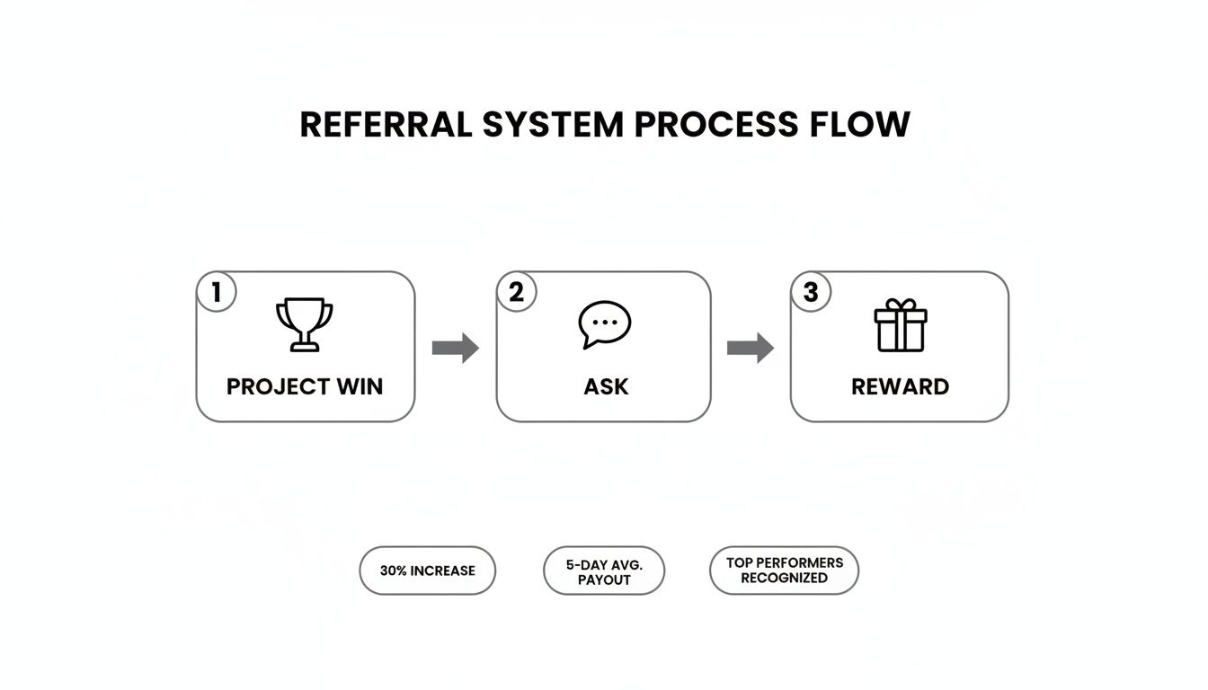 Diagram showing a three-step referral system process flow: Project Win, Ask, Reward, with performance metrics and recognition.