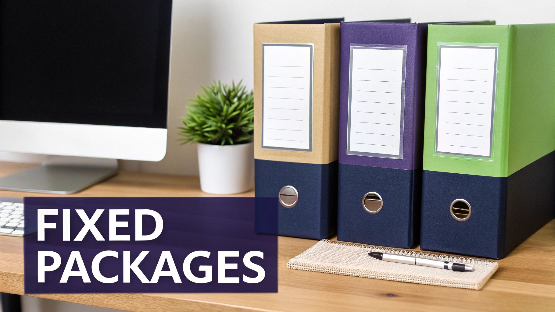 An organized office desk with a computer, plant, binders, and a notepad, featuring a 'FIXED PACKAGES' text overlay.