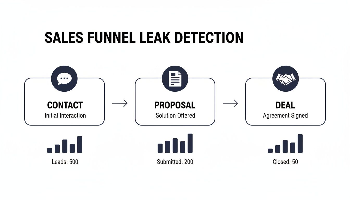 Sales funnel leak detection diagram showing contact, proposal, and deal stages with conversion rates.