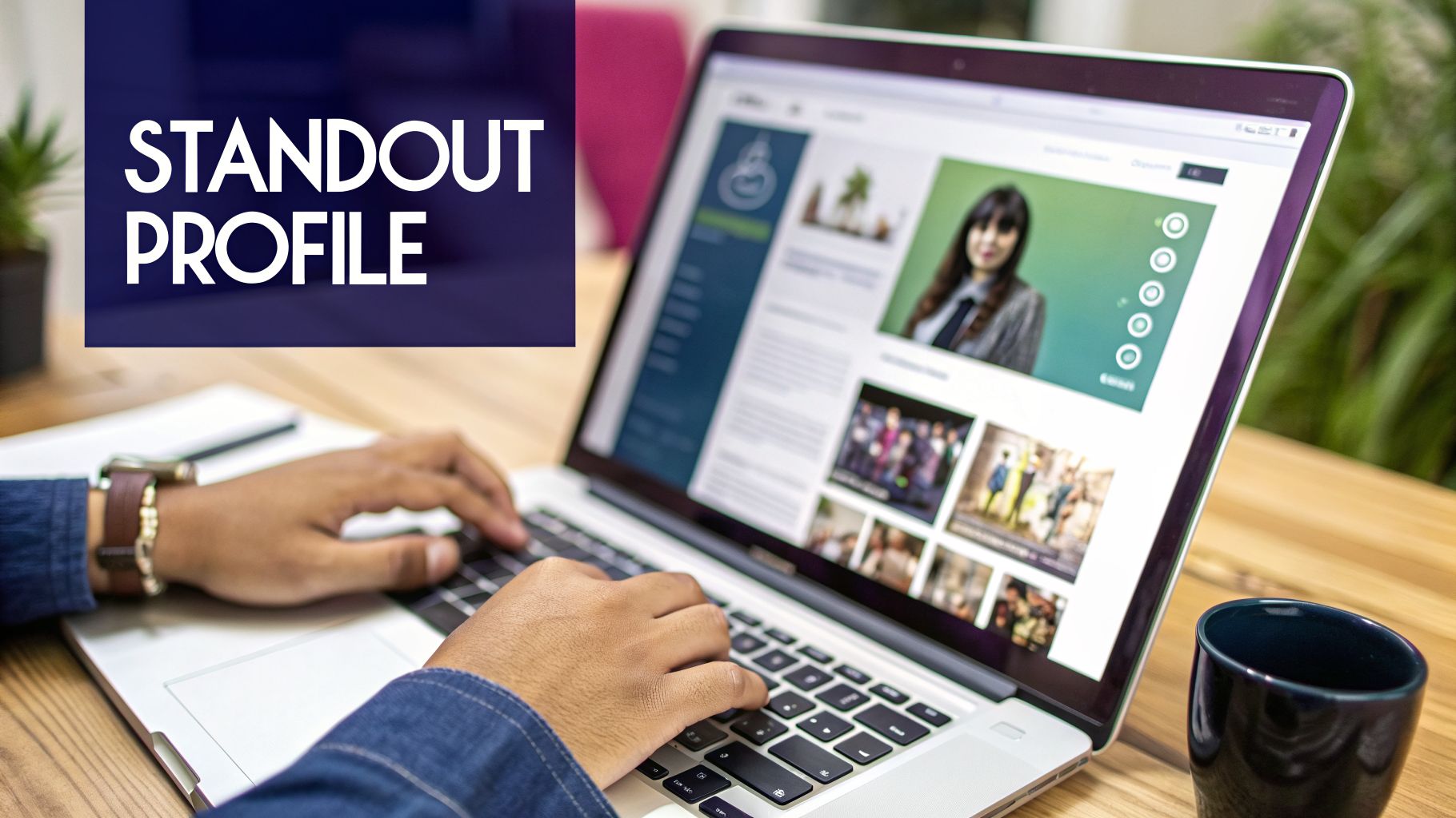 Hands typing on a laptop displaying a 'Standout Profile' with a woman's photo, suggesting online presence or personal branding.