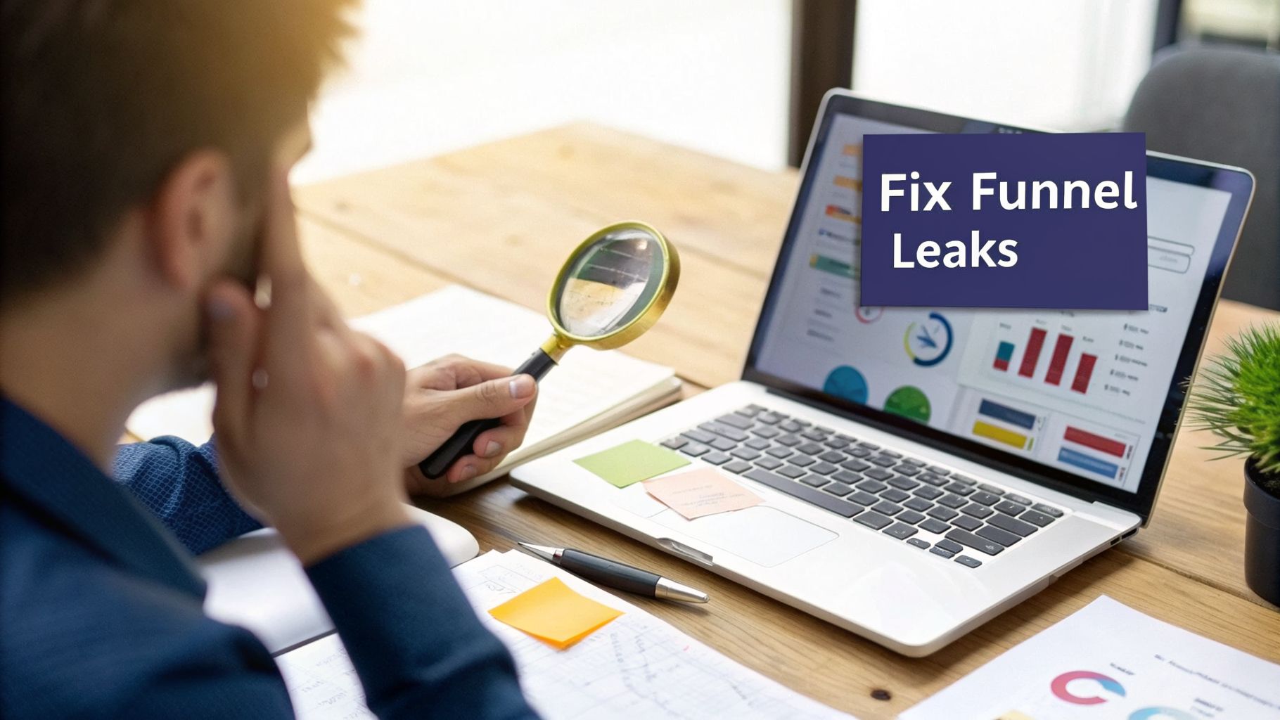 A person analyzing sales data on a laptop with a magnifying glass to fix funnel leaks.