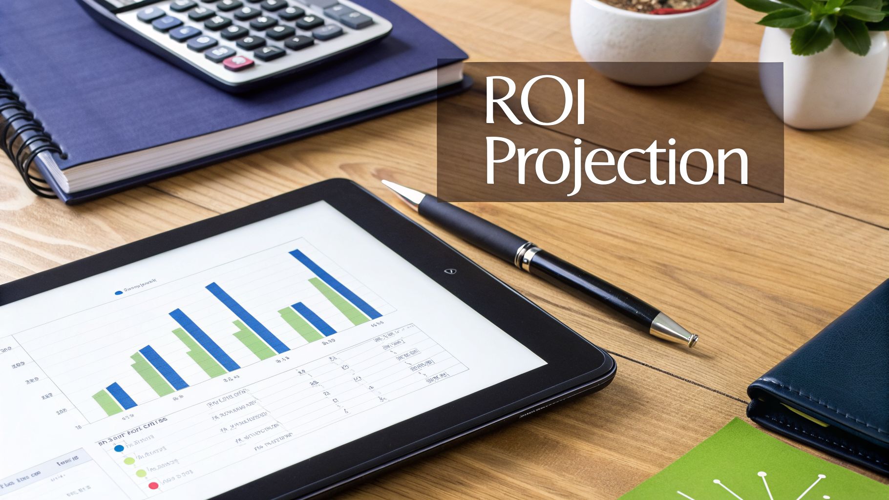 A tablet displays an ROI projection bar chart on a wooden desk with a calculator and pen.