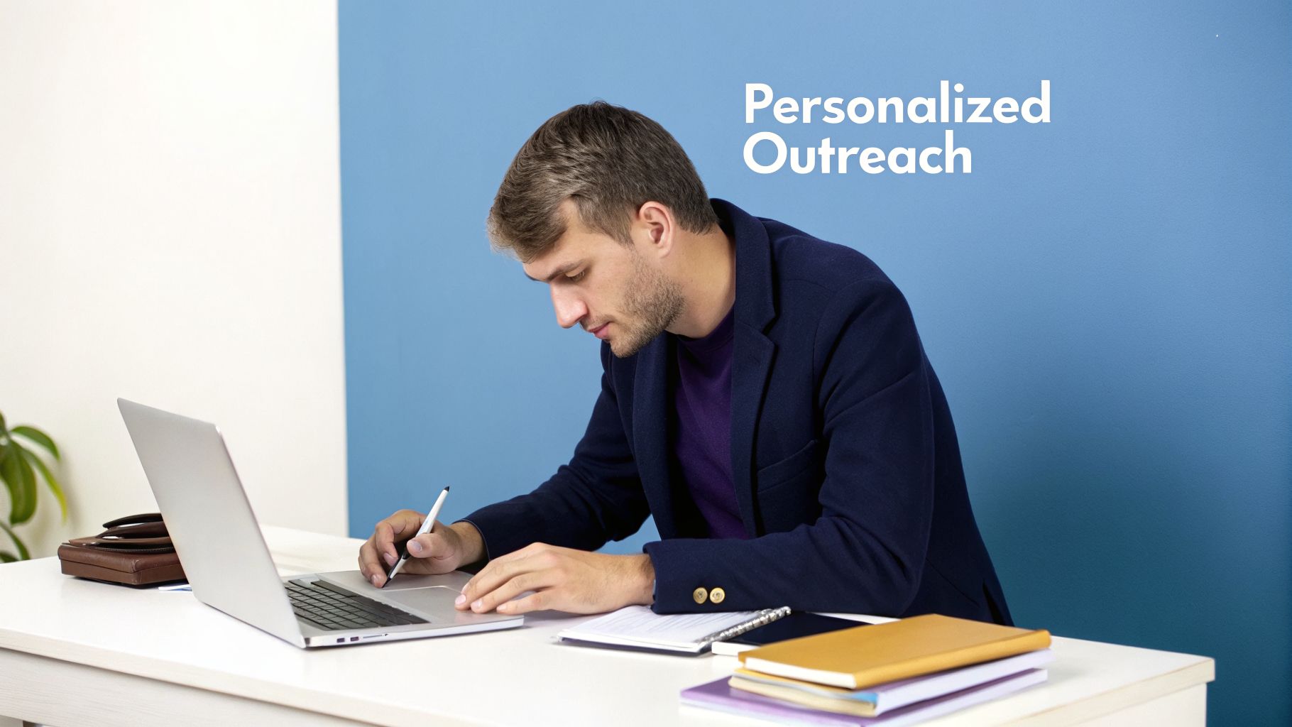 A man in a blue jacket works on a laptop with a pen at a desk, surrounded by notebooks, illustrating personalized outreach.