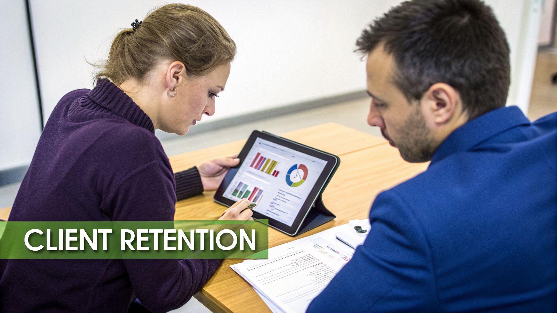 Two professionals analyzing client retention data and charts on a tablet during a business meeting.