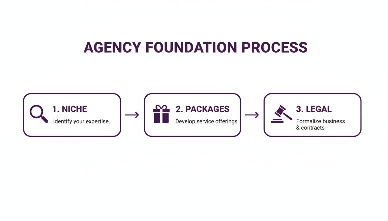 A three-step diagram outlining the agency foundation process: Niche, Packages, and Legal.