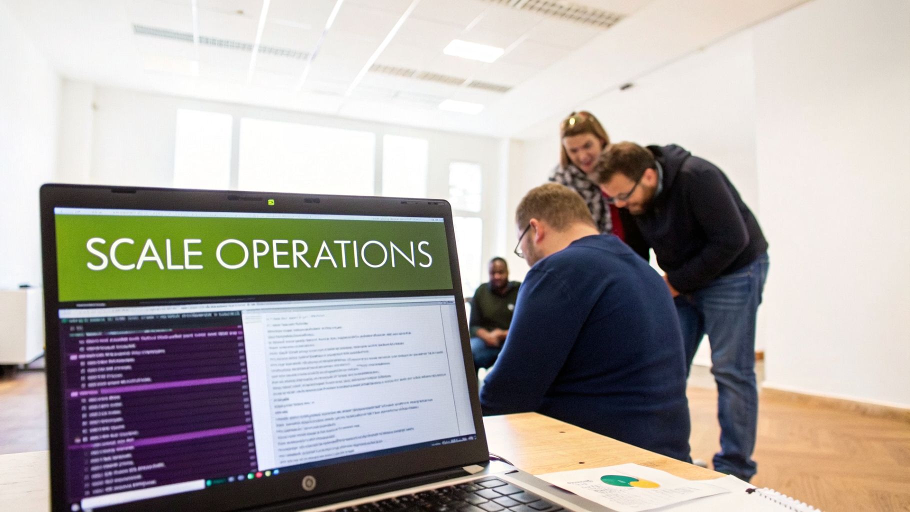 A laptop displaying 'SCALE OPERATIONS' on screen, with a team collaborating in a bright office.