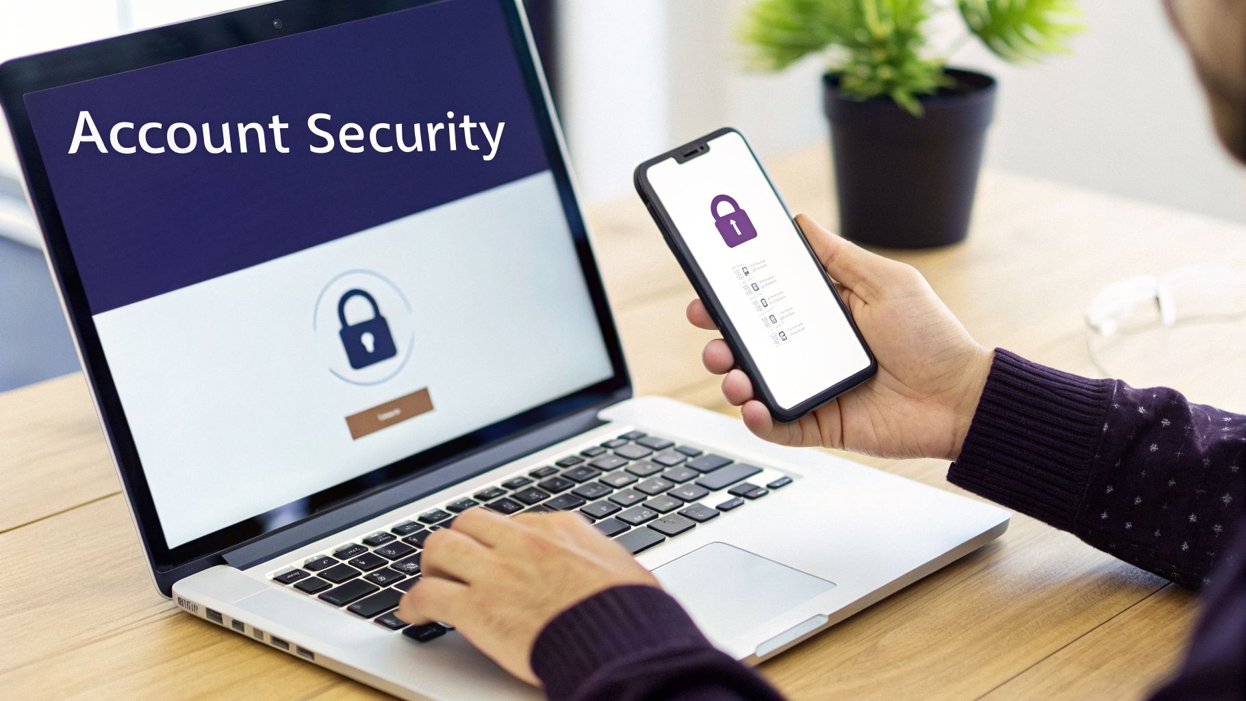 Person uses a laptop displaying 'Account Security' and holds a smartphone with a padlock icon, illustrating digital protection.