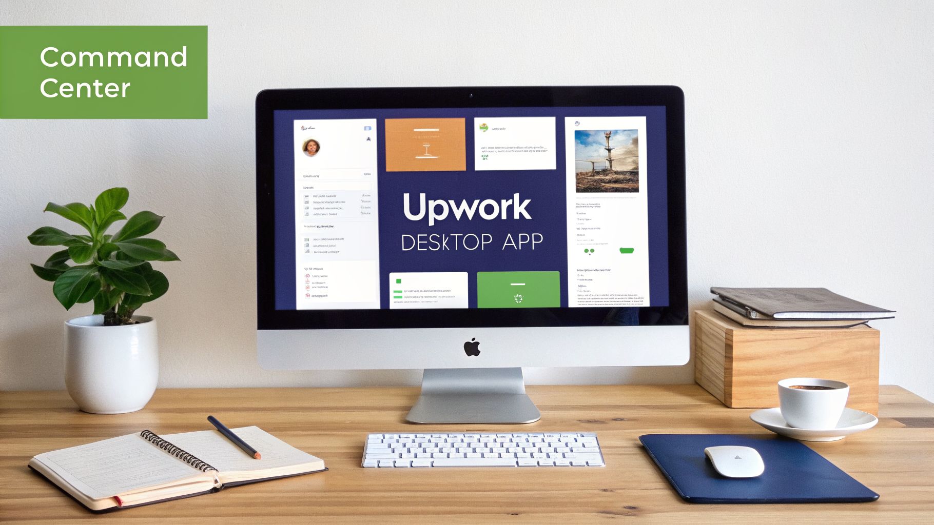A clean desk featuring an iMac displaying the Upwork Desktop App, a plant, and office supplies.