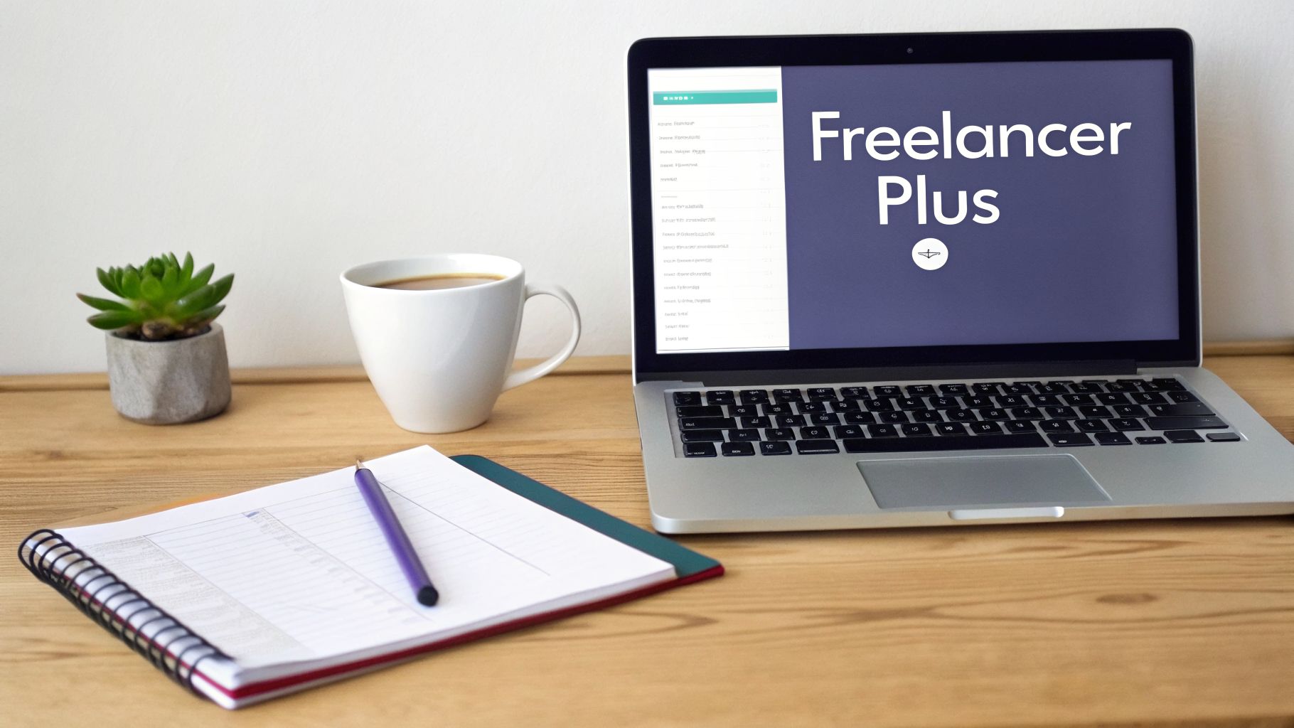 Modern workspace featuring a laptop with 'Freelancer Plus' on screen, coffee, plant, and notebook.