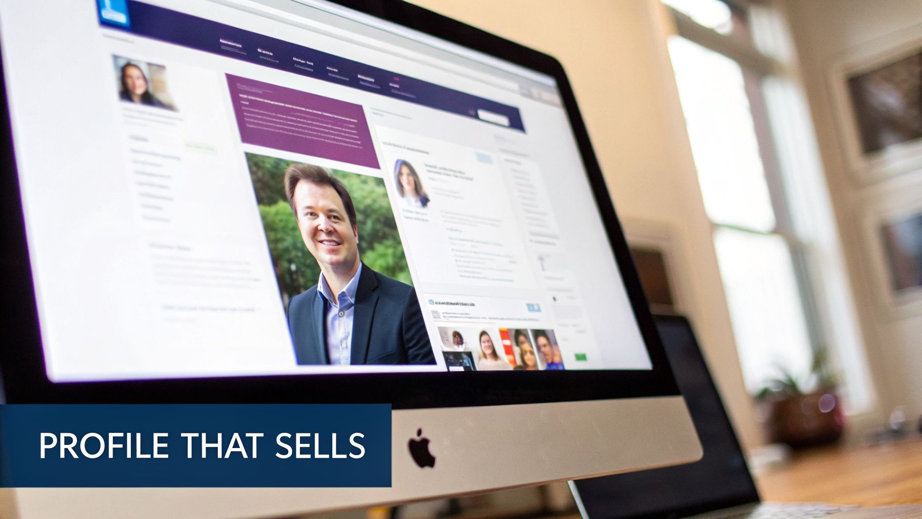 A professional social media profile displayed on an Apple iMac screen, featuring a smiling man.