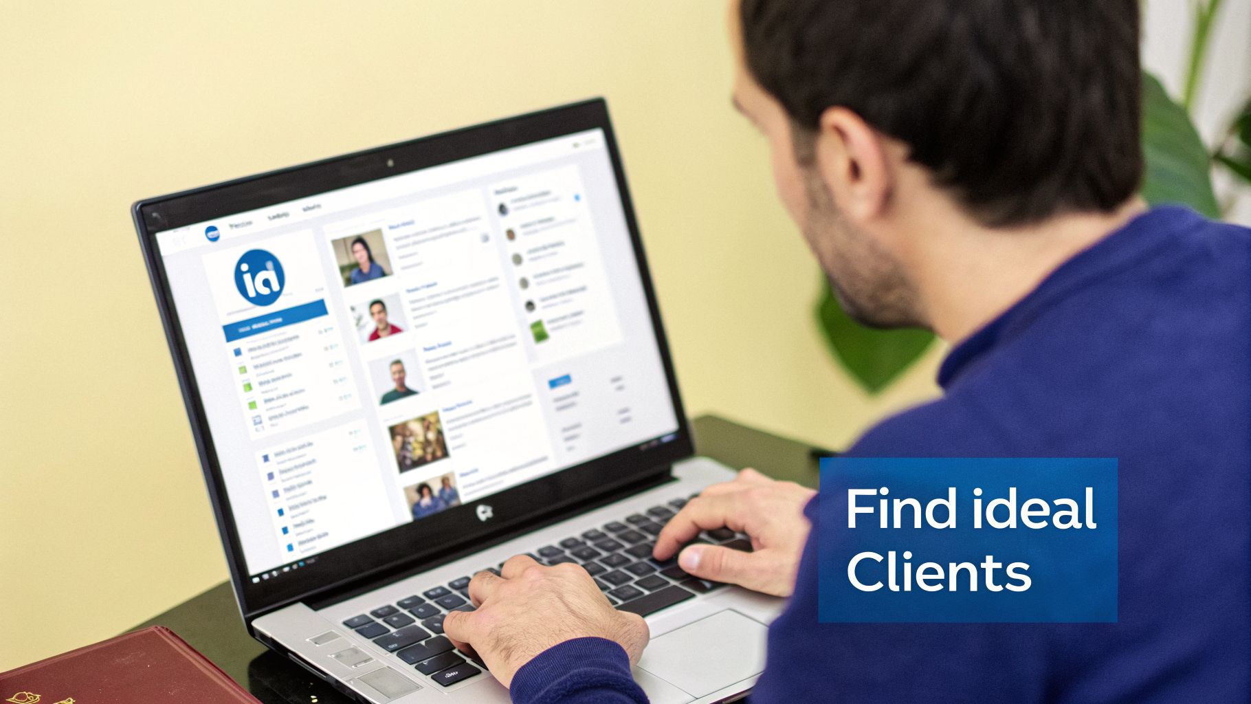 A man types on a laptop, viewing client profiles on a professional networking site.