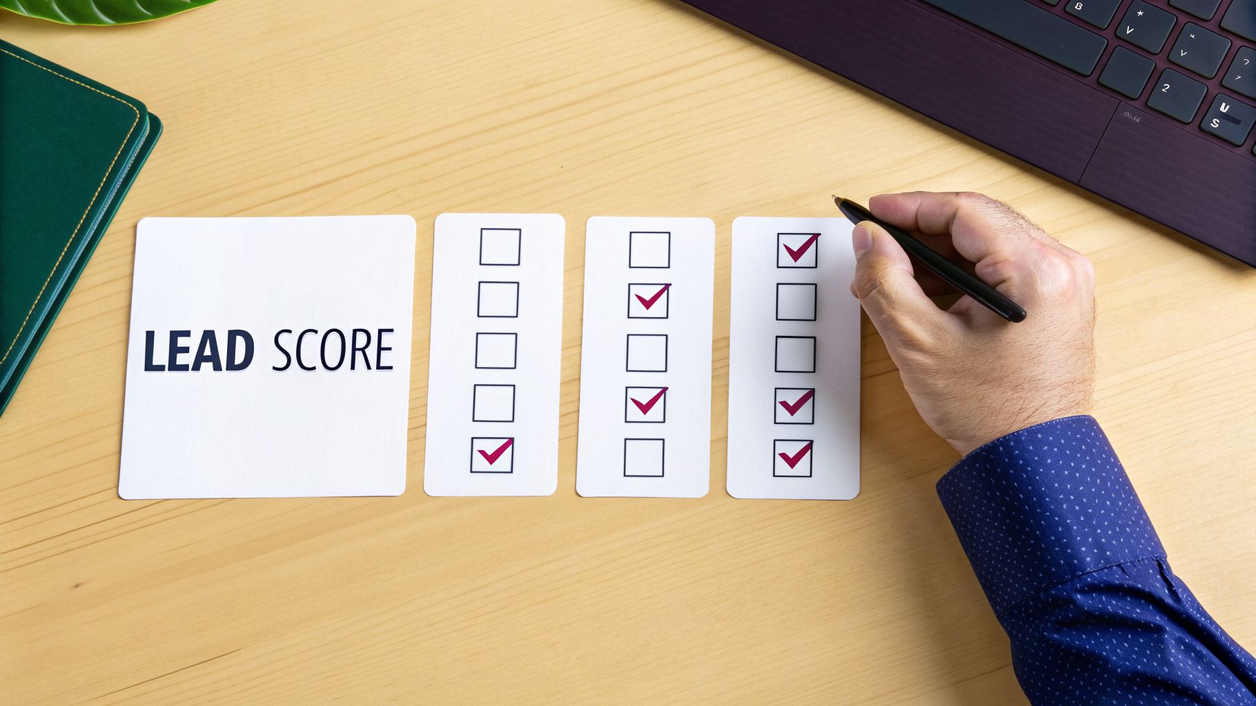 A hand marks checkboxes on white cards next to a 'LEAD SCORE' card, symbolizing lead qualification.