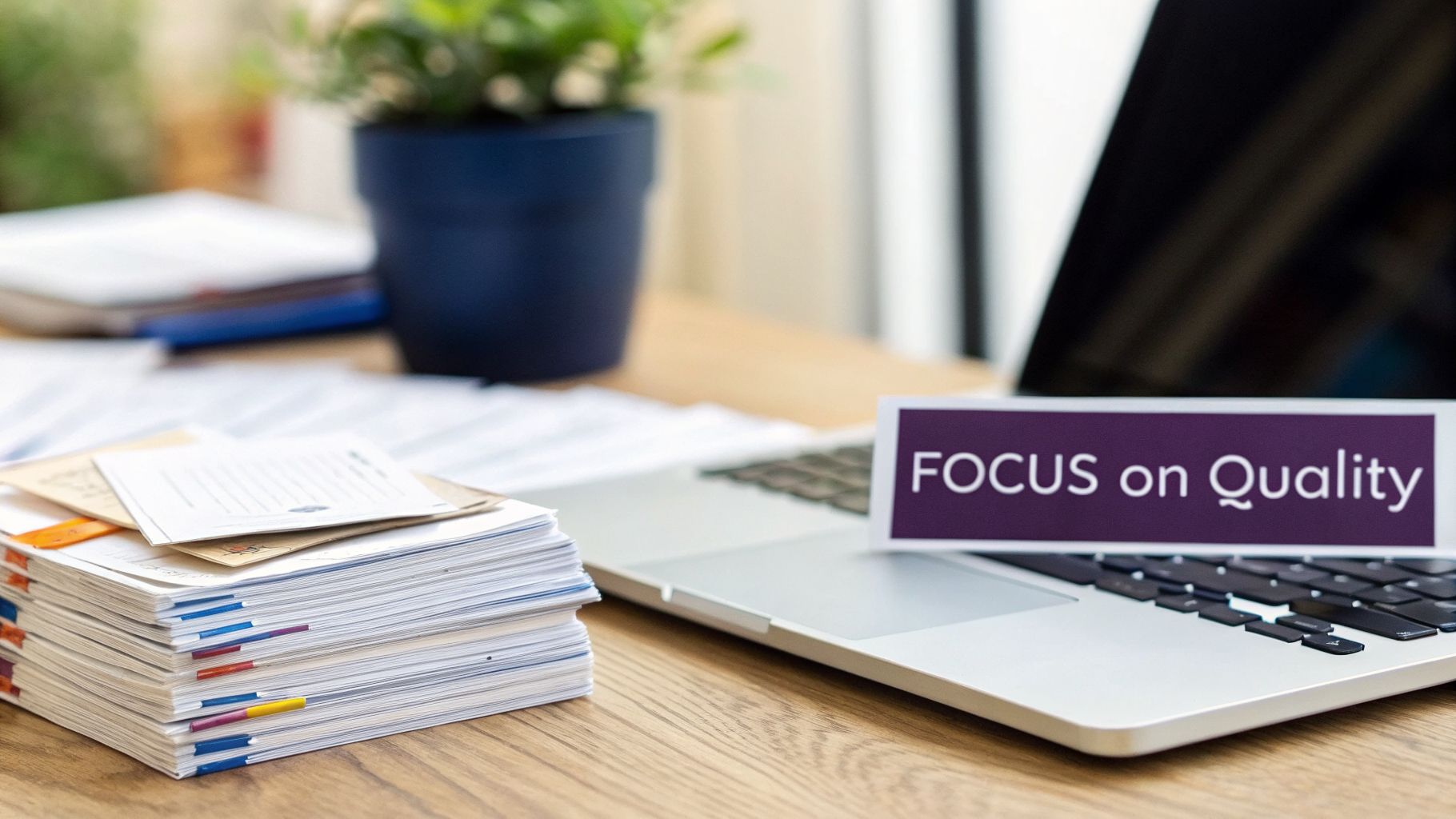 Office desk with a laptop, a stack of papers, and a 'FOCUS on Quality' sign, emphasizing attention to detail.