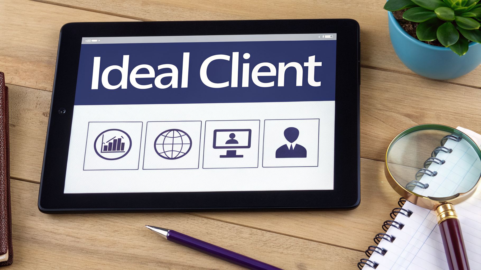 A tablet on a wooden desk displays 'Ideal Client' with business-related icons, next to a notebook.