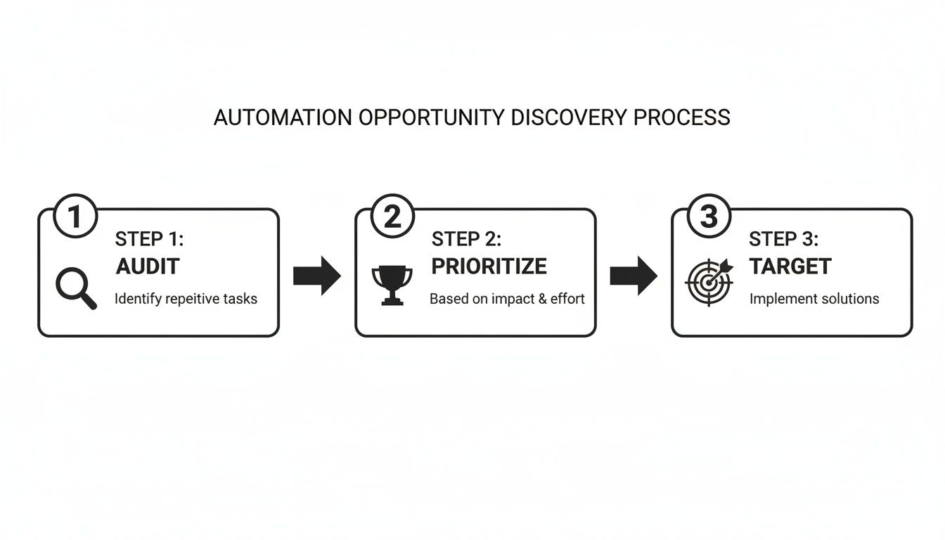 Flowchart showing a 3-step automation opportunity discovery process: Audit, Prioritize, Target.