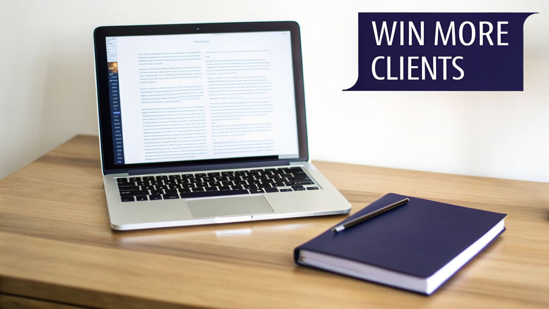 A laptop on a wooden desk, a blue notebook, a pen, and a 'Win More Clients' banner.