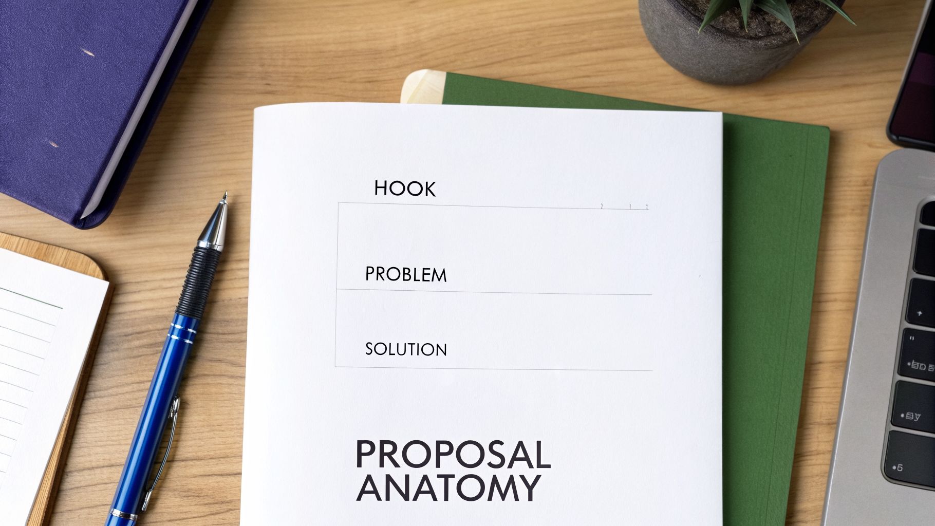 Overhead view of a proposal anatomy document with sections hook, problem, solution on a wooden desk.