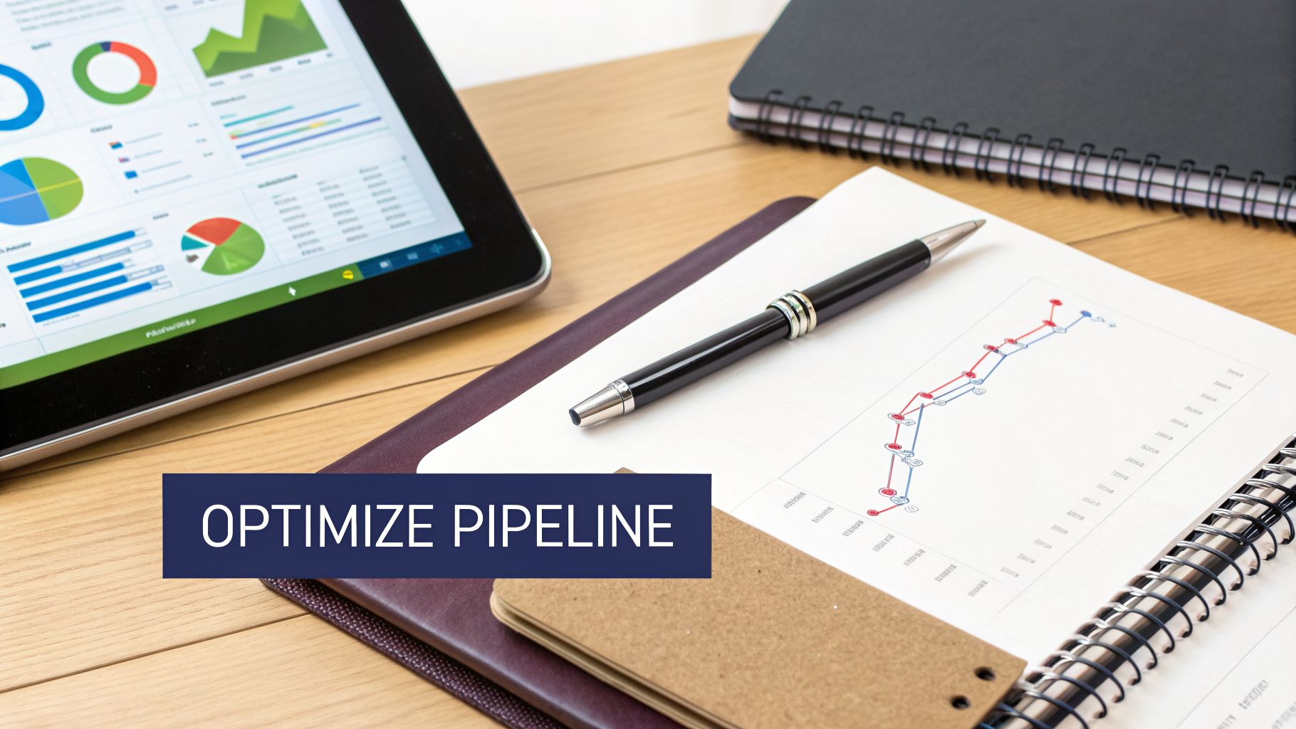 Tablet displaying business charts, pen, and notebook with graphs, emphasizing pipeline optimization.