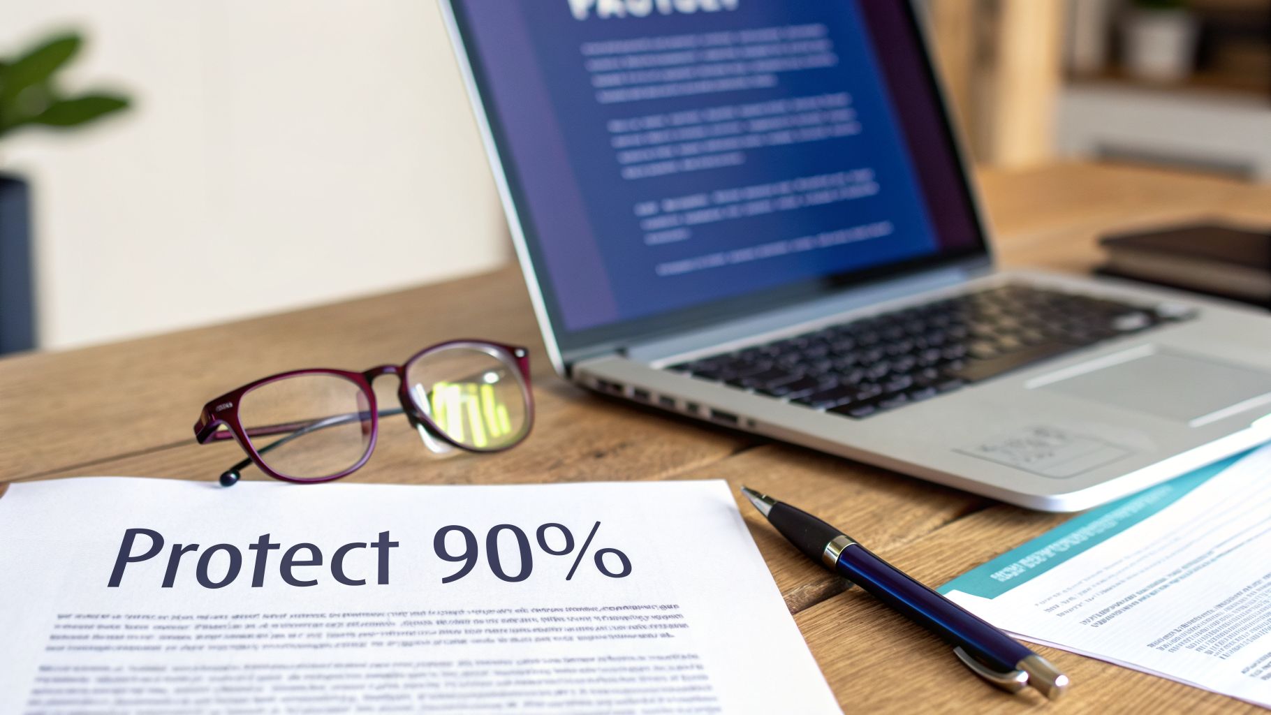 A laptop, glasses, pen, and a document with 'Protect 90%' on a wooden desk.