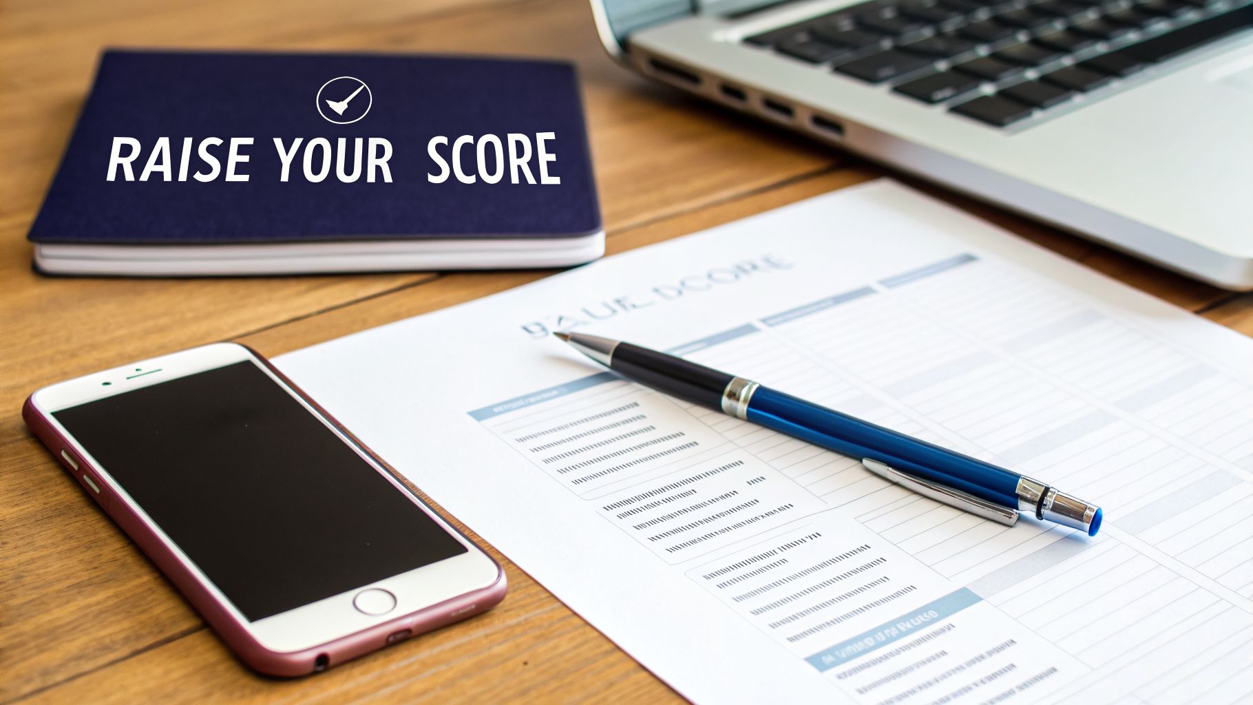 Desk with a notebook displaying 'RAISE YOUR SCORE', a smartphone, pen, document, and laptop.
