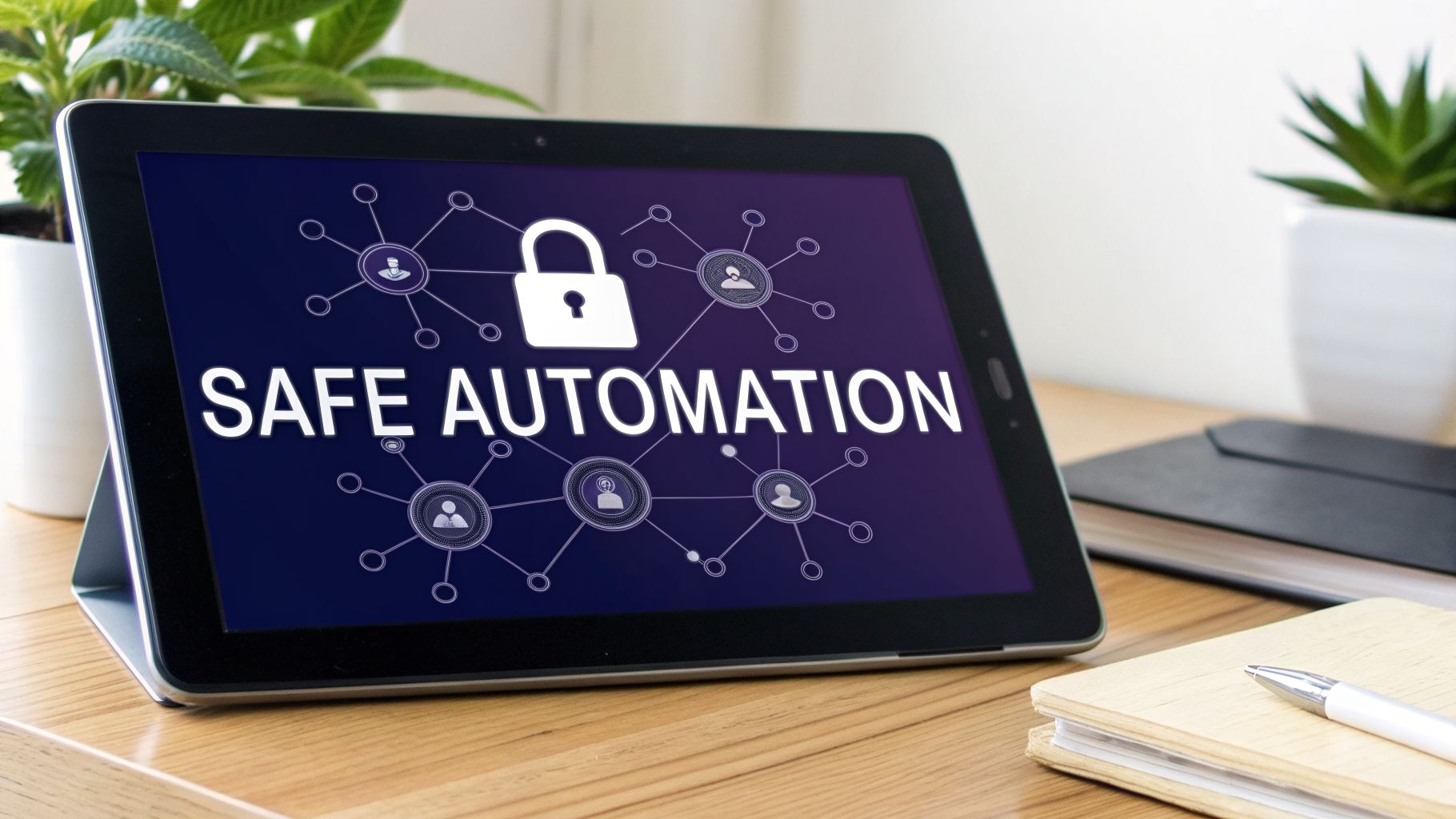 A tablet screen displays 'SAFE AUTOMATION' with a padlock and connected user icons.