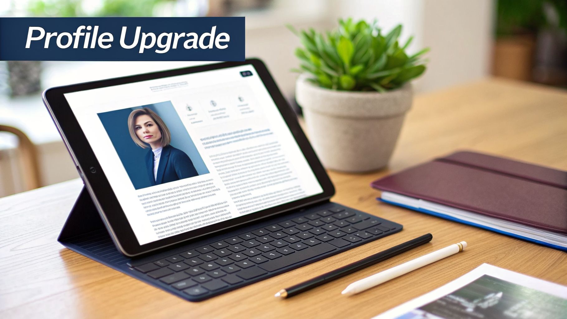 A tablet on a desk displays a professional profile with a woman's photo, alongside a keyboard, pens, and a plant.