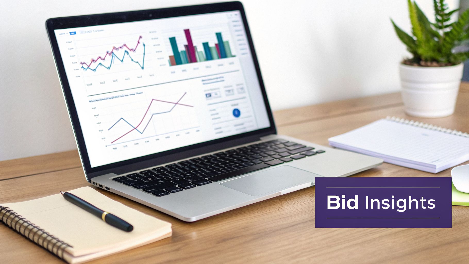 A laptop screen displays various data insights, charts, and graphs on a wooden desk with a notebook and pen.