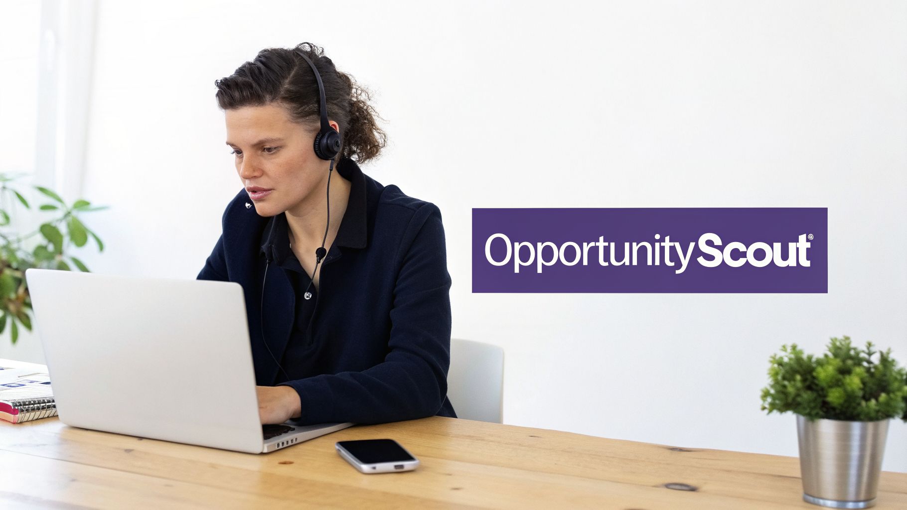 Professional woman wearing a headset and typing on a laptop, with 'OpportunityScout' logo visible.