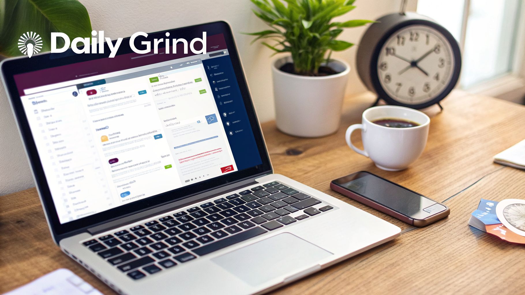 A modern workspace featuring a laptop, coffee, smartphone, and plant on a wooden desk.