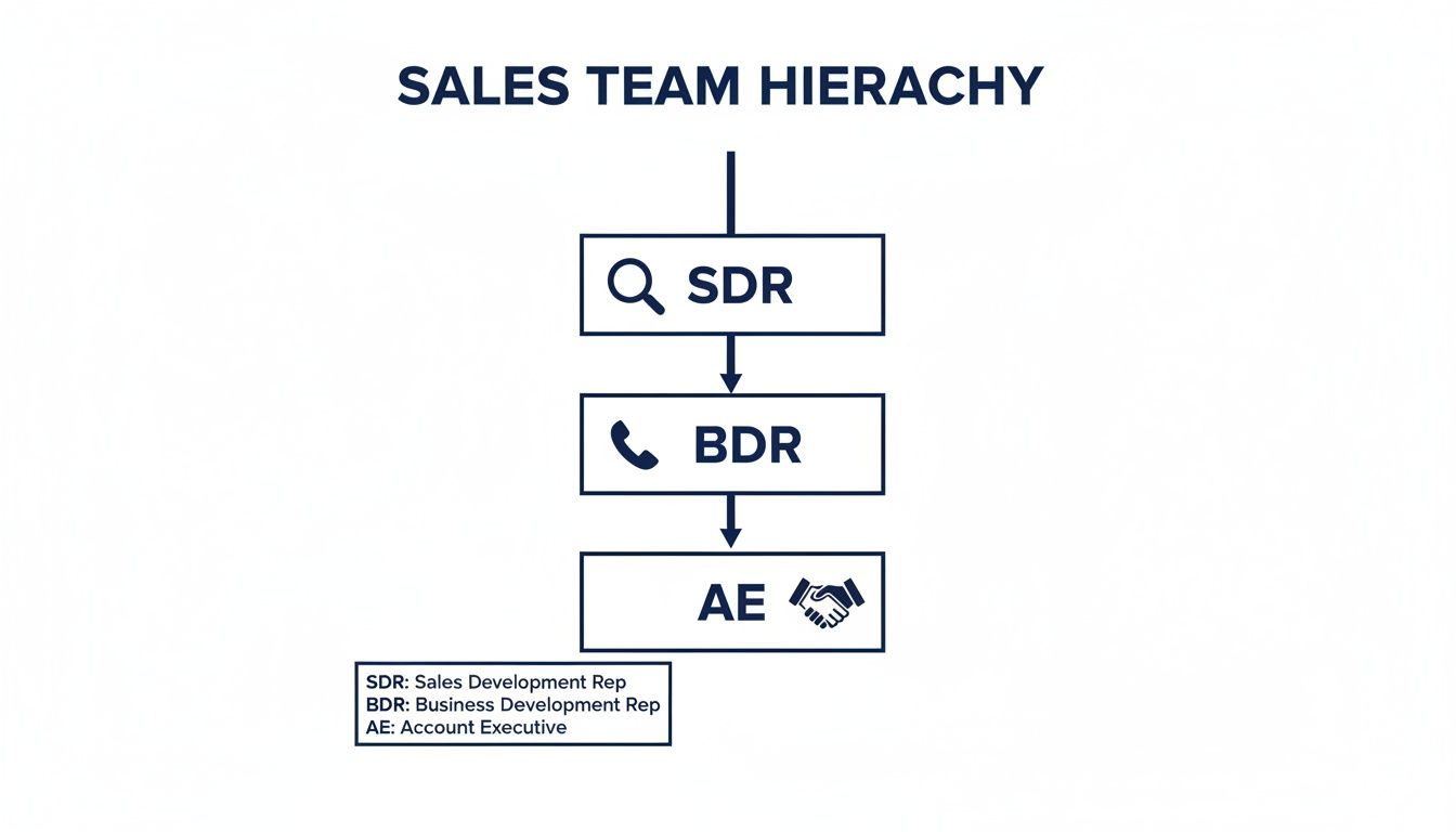 A sales team hierarchy flowchart, showing roles from SDR to BDR to Account Executive, with definitions.