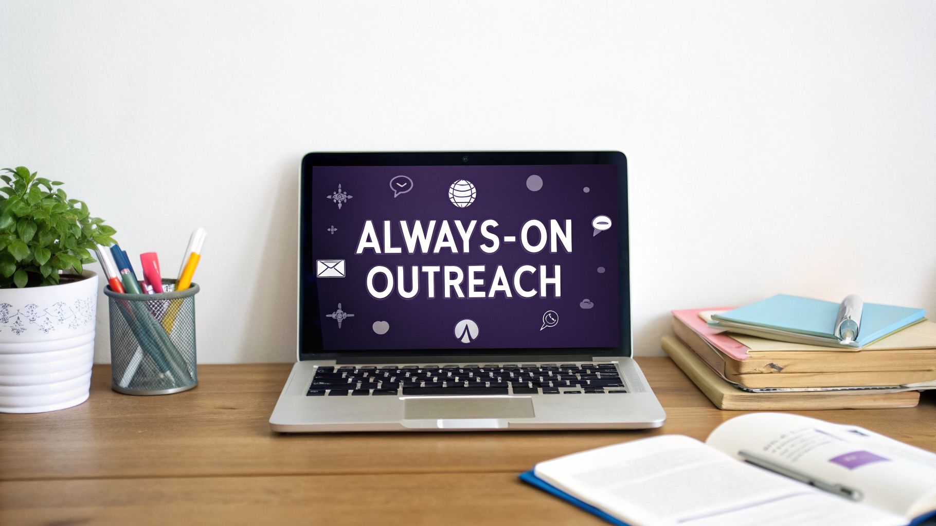 A laptop on a wooden desk displays 'ALWAYS-ON OUTREACH' with various communication icons, alongside office supplies.