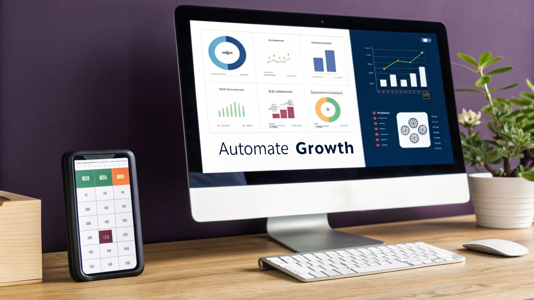 A computer monitor displaying various charts and 'Automate Growth' text, with a smartphone and keyboard.