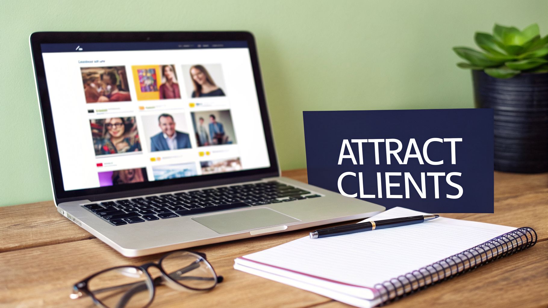 A laptop displays online profiles next to a sign saying 'ATTRACT CLIENTS' on a wooden desk.