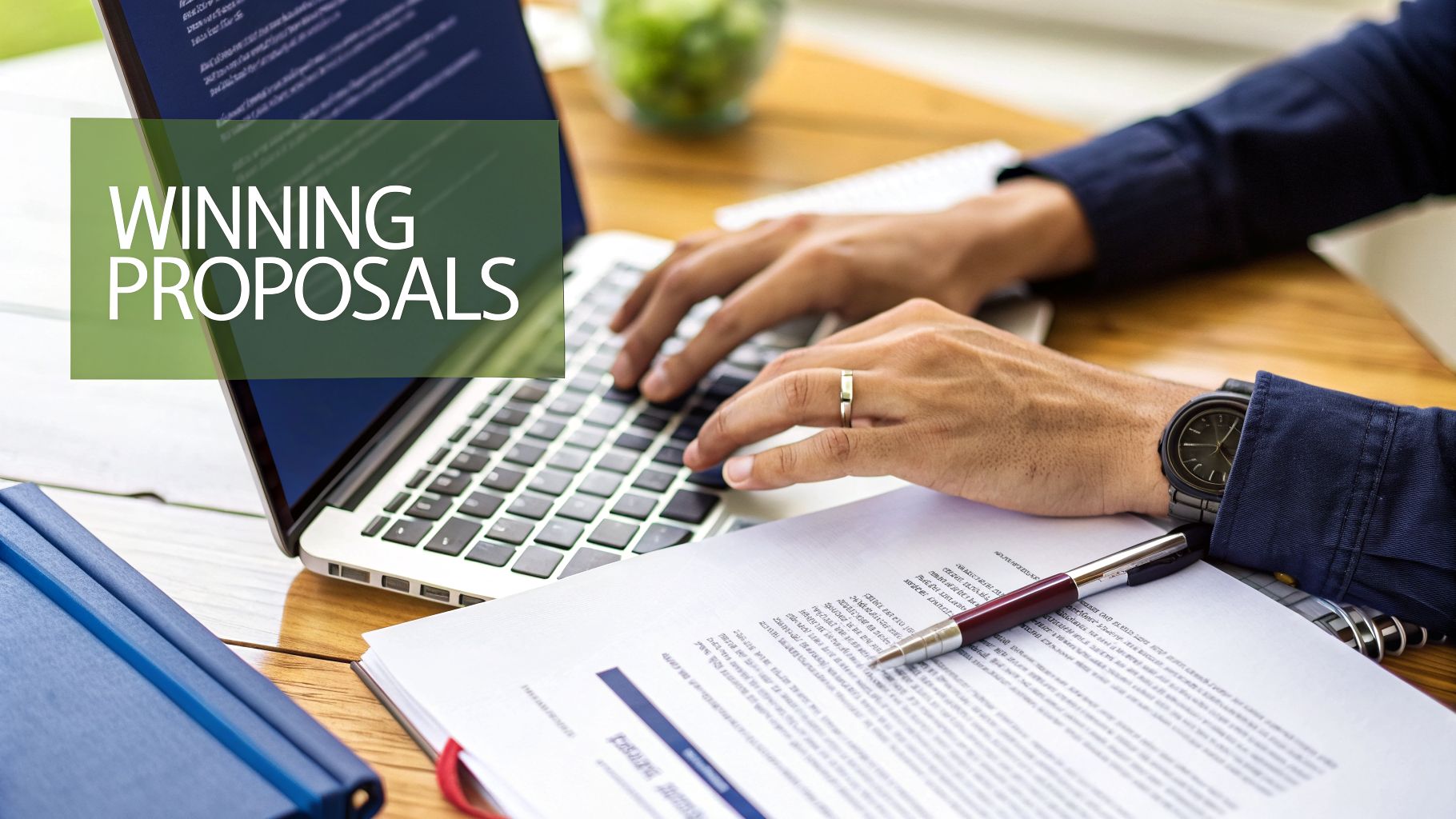 Close-up of hands typing on a laptop keyboard, with documents, a pen, and a notebook on a desk, next to text 'WINNING PROPOSALS'.