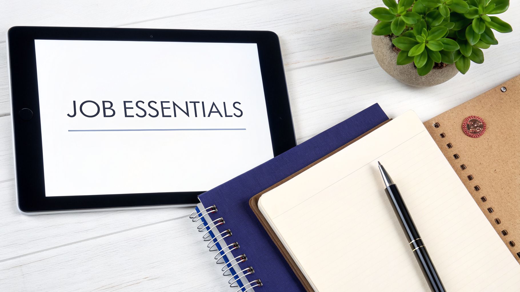 A tablet displaying 'JOB ESSENTIALS' next to notebooks, a pen, and a small potted plant on a white wooden table.