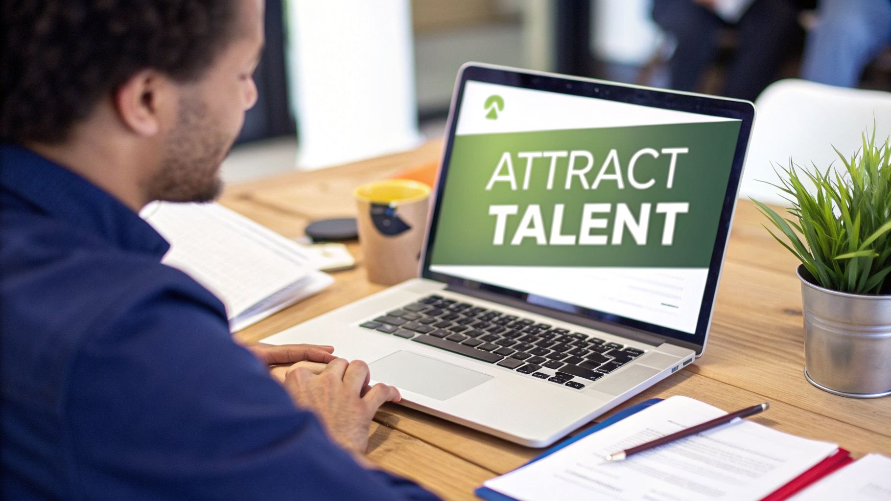 A person views a laptop screen displaying 'ATTRACT TALENT' while working at a wooden desk.